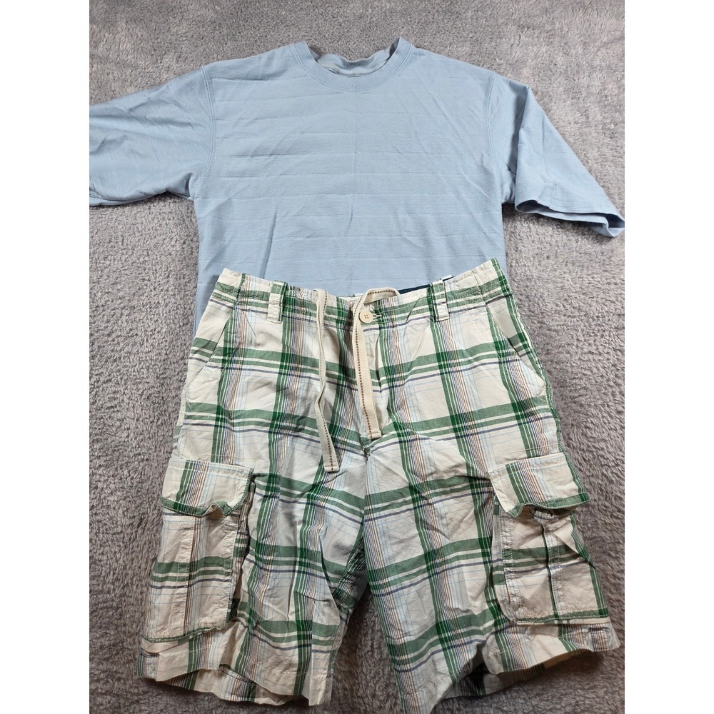 Mens Blue T-Shirt and Green‎ Plaid Cargo Shorts Bundle Summer Outfit Set